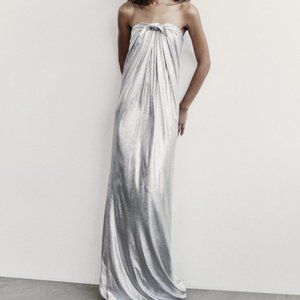 HALSTON •  Strapless Bow Flowy Silver Maxi Dress